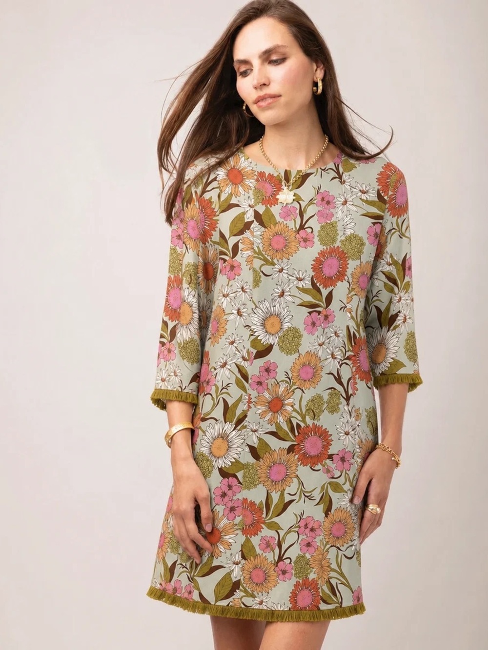 Spartina Floral Shift Dress Pink & Orange fringe trim